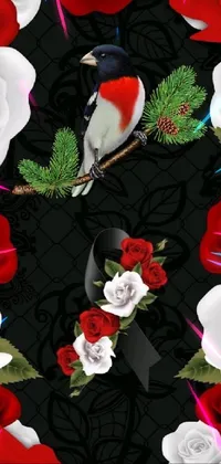 This live phone wallpaper features a beautiful bird perched on a branch amidst red and white roses
