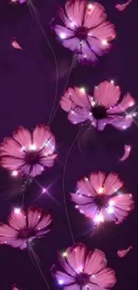 This stunning phone live wallpaper showcases a vivid arrangement of charming pink flowers with illuminated lights on a purple color-theme background