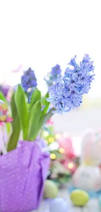 This live phone wallpaper showcases a lovely vase brimming with lush purple flowers resting on a table