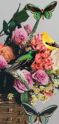 This lovely phone live wallpaper features a charming bird perched atop a basket of vibrantly colorful flowers
