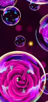 This phone live wallpaper features colorful bubbles floating on a background of black and purple rose petals