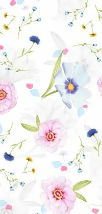 This phone live wallpaper is inspired by floral patterns and features a white background with pink and blue flowers