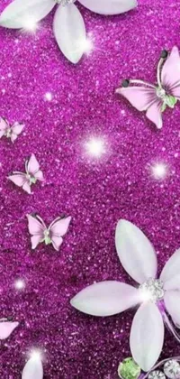 This dynamic live wallpaper features a stunning purple glitter background adorned with charming white flowers and delicate butterflies