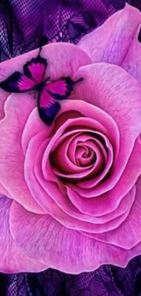 This phone live wallpaper captures a stunning pink rose with a butterfly perched on a petal