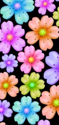 Looking for a stunning live wallpaper to add some vibrancy and elegance to your phone? Look no further than this beautiful pastel flowery background! Created by a talented artist, this wallpaper features a repeating pattern of colorful flowers on a black backdrop