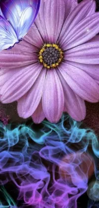 This engaging phone live wallpaper showcases a stunning purple flower accompanied by a butterfly perched atop it
