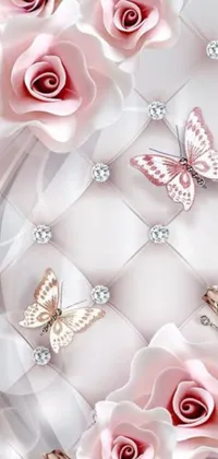 This live wallpaper showcases a striking digital art design featuring pink roses and butterflies set against a white background, with a beautiful combination of white diamonds and Swarovski crystals