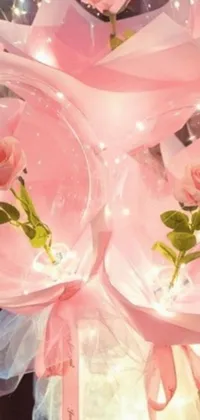 This phone live wallpaper features a beautiful vase with pink flowers on a table, enhanced by an enchanting bubble barrier and mystical lighting effects