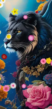 This live wallpaper depicts a stunning airbrush style painting of a black cat surrounded by vibrant flowers