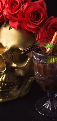 This phone live wallpaper features a close-up of a food bowl with a skull in the background