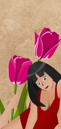 This live phone wallpaper illustration portrays a woman laying on the ground beside a bunch of colorful flowers