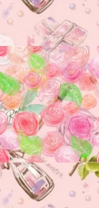 This live phone wallpaper features a delightful digital painting of a bunch of pink roses on a table, accompanied by various candies and sweets