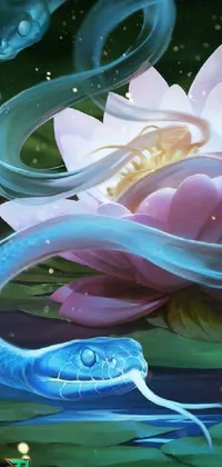 This stunning phone live wallpaper features a blue snake sitting on a delicate flower