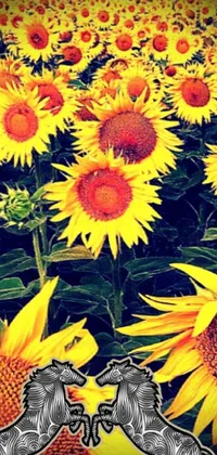This live phone wallpaper showcases a gorgeous sunflower field with two lions standing on the flowers