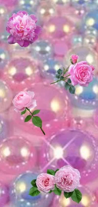 This stunning phone live wallpaper features a mesmerizing display of delicate pink roses resting atop a vibrant cluster of bubbles