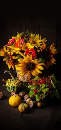This lively wallpaper showcases a still life painting of a basket filled with sunflowers sitting on a wooden table, made of flowers and berries