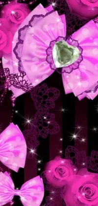 This phone wallpaper displays a stunning arrangement of pink bows and roses on a bold black background, accompanied by shimmering crystals