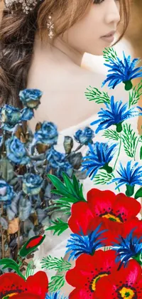 This stunning live wallpaper features a woman in a flower-pattern dress surrounded by red poppies and blue delphinium