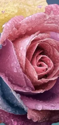 This phone live wallpaper features a close-up of a water-droplet covered flower in pastel colors