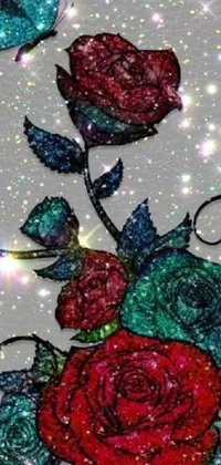 This phone live wallpaper showcases a breathtaking painting of a rose and butterflies with mesmerizing pointillism techniques