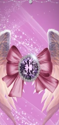 This stunning phone live wallpaper features a pair of angel wings adorned with a dainty pink bow and elegant purple crystal jewelry