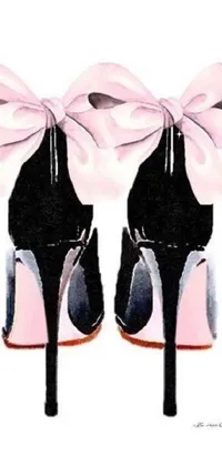 This smartphone wallpaper features an exquisite painting of high heels with a pink bow, set against a white background