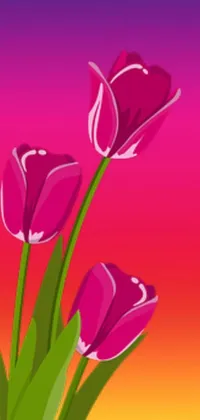 This phone live wallpaper showcases a digital painting of pink tulips atop a wooden table, designed with a blend of purple and orange hues