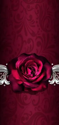 This live phone wallpaper boasts a highly detailed, vector art depiction of a red rose against a deep red backdrop