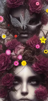 This digital phone wallpaper features a striking image of a mysterious woman with intricate flowers and a butterfly perched delicately on her head