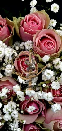 This beautiful phone live wallpaper features a surreal bouquet of soft pink roses and baby's breath on a misty London morning
