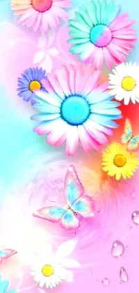 Looking for a beautiful live wallpaper to adorn your phone's screen? This stunning digital art features a bunch of colorful flowers set against a soft blue and pink background