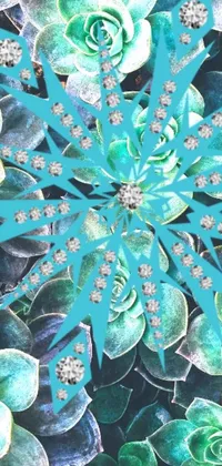 This mesmerizing phone live wallpaper boasts a stunning digital art painting of a blue flower surrounded by lush green leaves