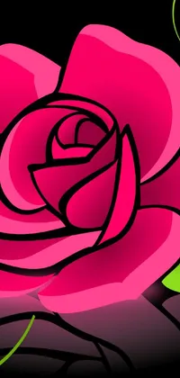 This phone live wallpaper features a stunning pink rose with green leaves against a black background