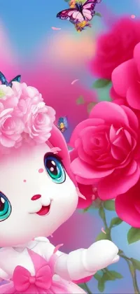 This phone live wallpaper presents a captivating image of a little girl amidst a bunch of pink roses