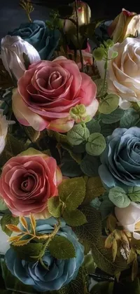 This stunning live wallpaper captures a close-up of a beautiful bouquet of flowers on a table, colored in pastel shades