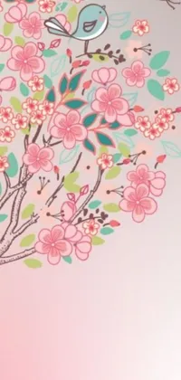 This delightful phone live wallpaper features a vector art illustration of a tree with birds flying around it, along with pretty pink flowers creating a soft, spring-inspired color palette