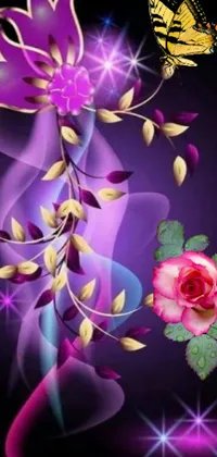 This phone live wallpaper features a pink rose and butterfly on a black background, rendered digitally with a purple and gold color scheme