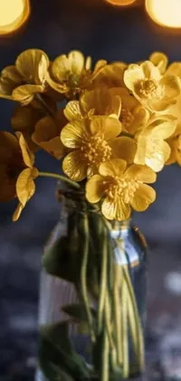 This mobile live wallpaper features a vase filled with yellow flowers on a table, captured in hyperrealistic detail