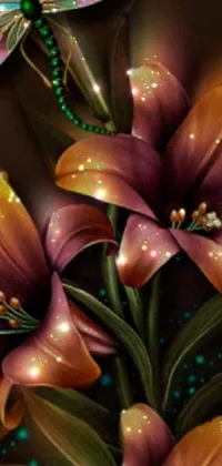 This live wallpaper features a detailed digital art of colorful flowers and a dragonfly