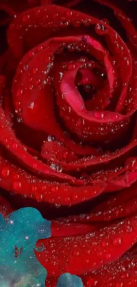 This mobile wallpaper features a high-quality digital art of a red rose with water droplets, showcasing its intricate beauty up close