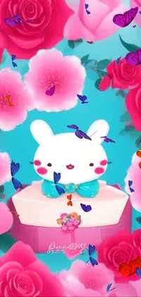 This hot pink and cyan live wallpaper features an animated bunny in a box surrounded by floral detailing