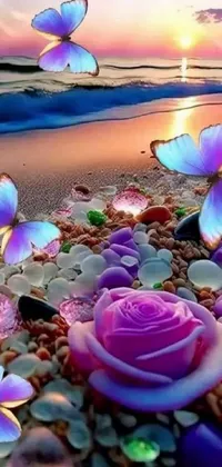 This live wallpaper is a beautiful digital art portrayal of a picturesque beach adorned with vibrant purple flowers and playful butterfly jewelry
