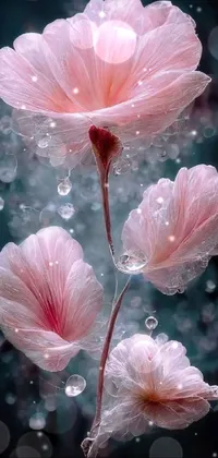 This stunning phone live wallpaper features three pink flowers with water droplets on them, adding depth and realism to your phone's home screen