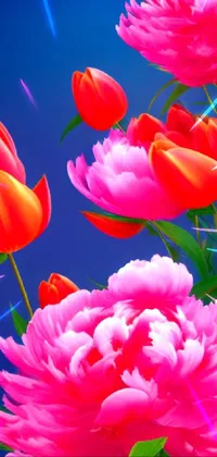 This live phone wallpaper showcases a beautiful digital painting of pink and red flowers against a calming blue background