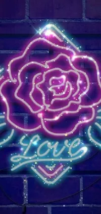 This live wallpaper features a stunning neon rose atop a brick wall, surrounded by flowery wallpaper and love art