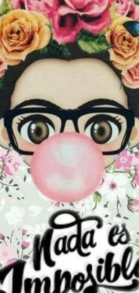 This fun and quirky live wallpaper features a whimsical image of a woman adorned with flowers and wearing glasses blowing a bubble