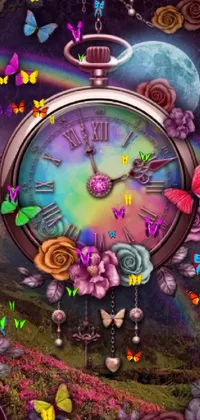 This live wallpaper features a colorful clock surrounded by a field of flowers, perfect for those who love whimsical designs