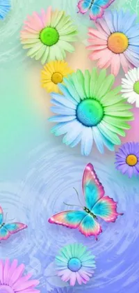 This mobile live wallpaper showcases a digital image of colorful flowers in water, surrounded by butterflies and worms