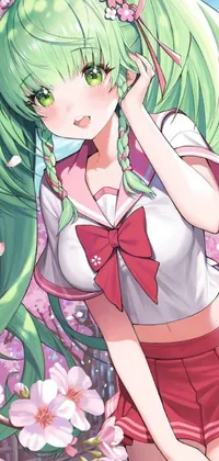 This anime live wallpaper features a stunning green-haired girl standing in a field of flowers