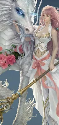 This stunning phone live wallpaper features a detailed painting of a woman standing next to a white dragon
